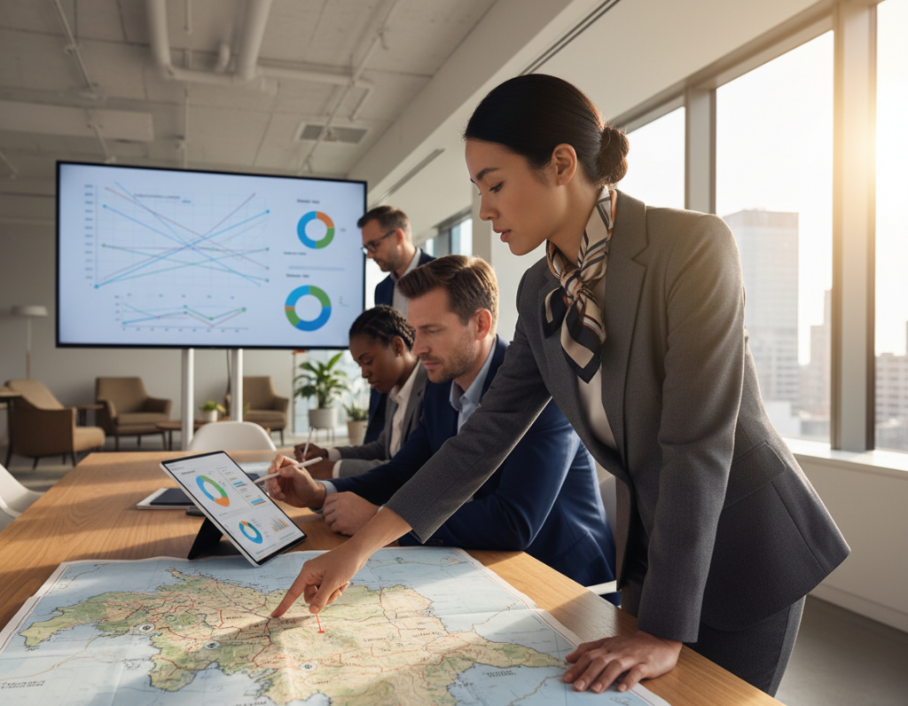 A close-up view of a diverse group of professionals engaged in a strategic planning session. In the foreground, a woman in a smart business suit points at a large map spread on the table, emphasizing key areas for tactical maneuvers. Beside her, a man in a tailored blazer takes notes on a digital tablet, capturing insights. The middle ground features charts and graphs displayed on a screen, illustrating various strategies visually. The background shows a sophisticated office environment with large windows filtering warm daylight, creating a focused yet collaborative ambiance. The mood is serious and dynamic, emphasizing the interplay between strategic and tactical decision-making, highlighting the importance of real-time adaptability in business scenarios.