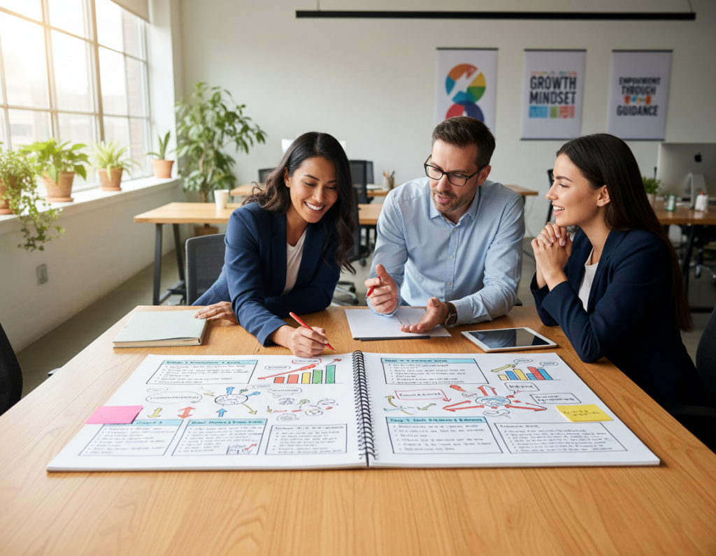A detailed visual representation of a "mentoring program roadmap" designed for professional development. In the foreground, a large, open notebook lies on a polished wooden table, filled with colorful diagrams and bullet points outlining various mentorship stages. In the middle, a diverse group of three professionals, dressed in smart business attire, are engaged in discussion while pointing at the roadmap, reflecting collaboration and enthusiasm. The background features a bright, modern office space with plants and motivational posters on the walls. Natural light streams through large windows, casting soft shadows. The overall atmosphere conveys a sense of purpose, growth, and guidance, perfect for illustrating the concept of effective mentorship programs.