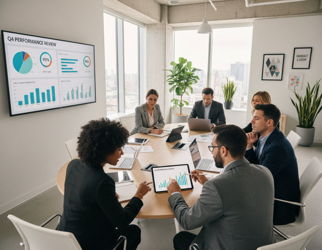 A diverse group of professional managers in business attire gathered around a modern conference table, engaged in deep discussion while analyzing performance metrics displayed on a large screen. The foreground focuses on two managers exchanging ideas, one pointing at a digital chart showing KPIs with colorful graphs, illustrating key workplace performance indicators. The middle layer captures a third manager taking notes, their focused expression reflecting thoughtful evaluation. The background features a sleek office environment with floor-to-ceiling windows allowing natural light to flood in, enhancing a collaborative atmosphere. The room is adorned with motivational artwork and plants, creating a vibrant yet professional mood. The composition should be captured from a slightly elevated angle, using soft, diffused lighting to convey optimism and productivity.