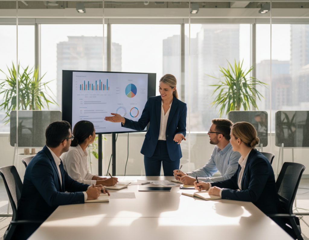 A dynamic office environment showcasing a diverse group of professionals engaged in a collaborative discussion around a large conference table. In the foreground, a confident female manager, dressed in a smart business suit, is pointing to a digital presentation while encouraging her team. The middle ground features three colleagues—two men and a woman—taking notes and sharing ideas, illustrating empowerment and participation. The background displays a modern office decor with glass walls and greenery, emphasizing an open and inviting atmosphere. Soft, natural lighting filters through the windows, creating a warm and productive mood. The angle is slightly above eye-level, capturing the interaction and energy of the scene, reflecting the theme of effective delegation and teamwork.