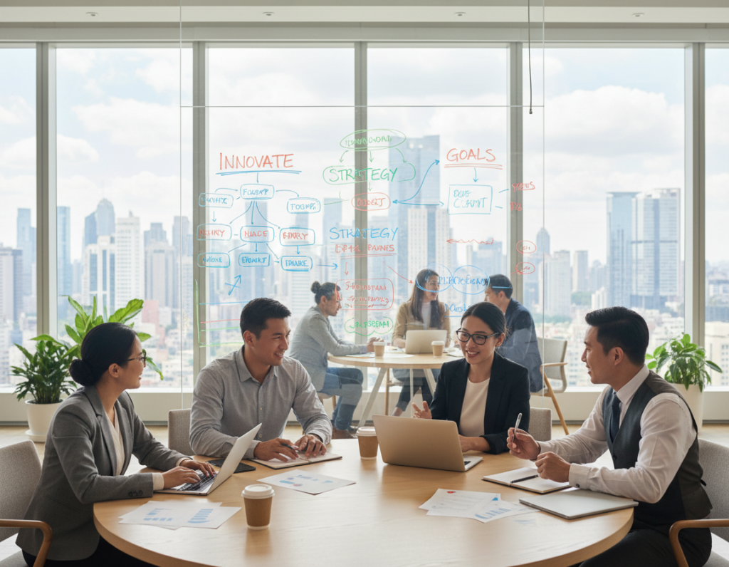 A dynamic scene depicting diverse professionals engaged in collaborative discussions and skill-building exercises in a modern office space. In the foreground, a multi-ethnic group of four people in professional attire—two women and two men—are seated around a circular table with laptops and notepads, actively sharing ideas with friendly expressions. In the middle ground, a whiteboard filled with colorful diagrams and notes, symbolizing brainstorming and teamwork. In the background, large windows let in natural light, revealing a bustling city skyline, giving a sense of an energetic work environment. A warm and motivating atmosphere, with soft, diffused lighting to create an inviting and productive feel. The image is framed from a slightly elevated angle, capturing the engagement and collaboration of the scene.