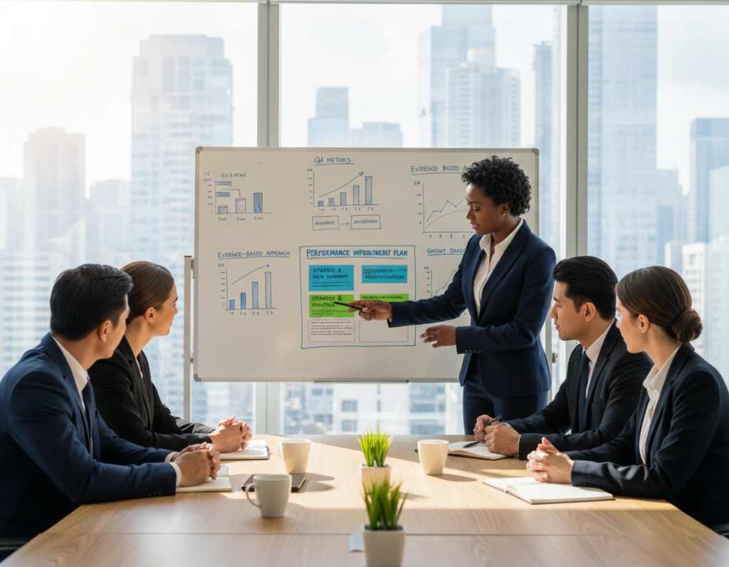 A focused business meeting scene in a bright, modern office setting. In the foreground, a diverse group of professionals, dressed in smart business attire, engage in a lively discussion around a large conference table. One individual, pointing to a colorful performance improvement plan document (PIP), emphasizes key strategies. The middle ground features a whiteboard filled with neatly organized charts and graphs illustrating evidence-based strategies. The background shows large windows letting in natural light, with views of a city skyline, creating an uplifting atmosphere. Soft, diffused lighting enhances the professional mood, while a camera angle captures the dynamics of teamwork and collaboration. The scene embodies a sense of purpose and energy, reflecting the essence of effective performance improvement planning. A focused business meeting scene in a bright, modern office setting. In the foreground, a diverse group of professionals, dressed in smart business attire, engage in a lively discussion around a large conference table. One individual, pointing to a colorful performance improvement plan document (PIP), emphasizes key strategies. The middle ground features a whiteboard filled with neatly organized charts and graphs illustrating evidence-based strategies. The background shows large windows letting in natural light, with views of a city skyline, creating an uplifting atmosphere. Soft, diffused lighting enhances the professional mood, while a camera angle captures the dynamics of teamwork and collaboration. The scene embodies a sense of purpose and energy, reflecting the essence of effective performance improvement planning.