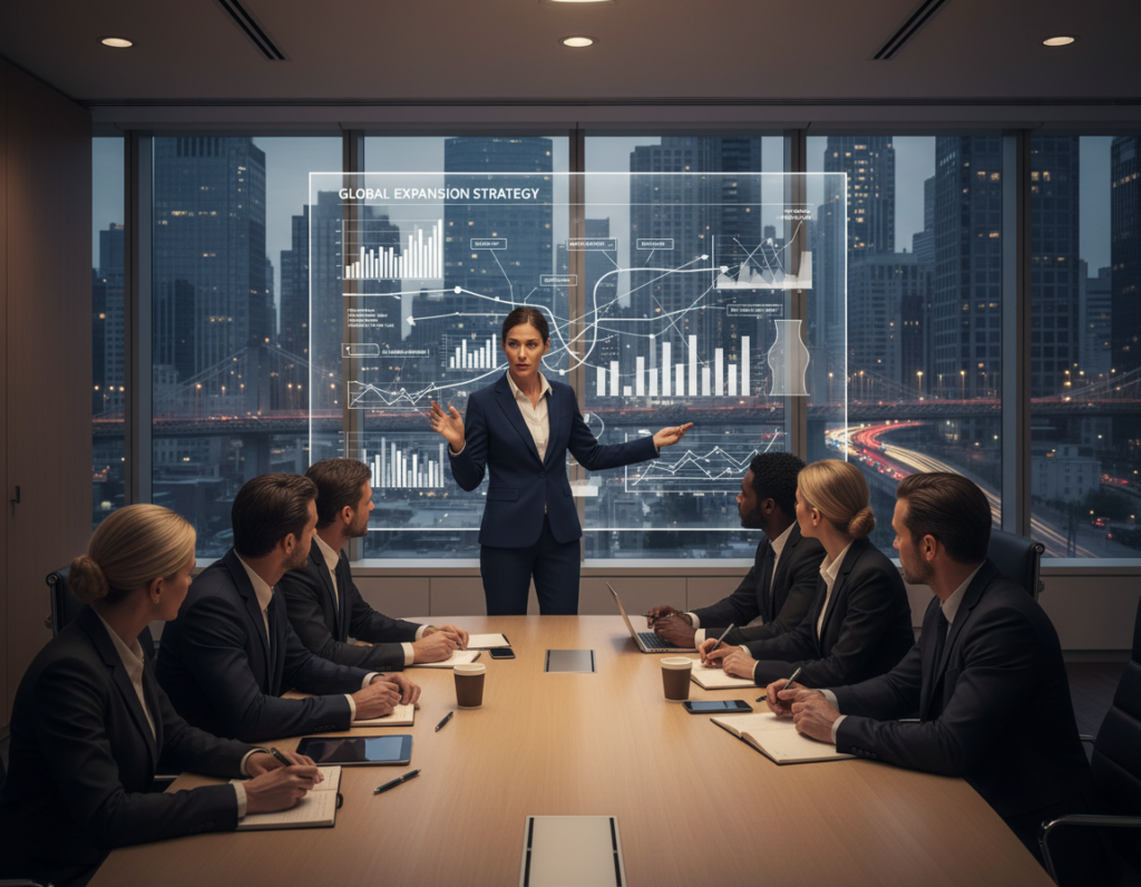 A modern boardroom scene focused on decision-making, featuring a diverse group of professional individuals in business attire engaged in a discussion around a large, oval table. In the foreground, a confident leader stands, gesturing towards an interactive digital screen displaying complex strategic graphs and data. The middle ground highlights attentive team members, each taking notes and considering the information presented. In the background, large windows reveal a bustling city skyline symbolizing opportunity and pressure. Soft, warm lighting creates an inviting yet intense atmosphere, emphasizing the importance of strategic thinking. The angle is a slightly elevated view capturing the dynamics of the conversation, inviting the viewer into the decision-making process.