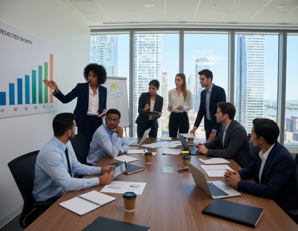 A modern, dynamic office scene depicting a diverse group of professionals collaborating on a business growth plan. In the foreground, a confident woman points at a colorful growth chart on a wall, dressed in smart business attire. Beside her, a man with glasses nods, holding a digital tablet displaying graphs. In the middle ground, a large conference table is cluttered with documents, laptops, and coffee cups, showing an engaged team deep in discussion. The background features a large window with bright, natural light streaming in, revealing a city skyline, symbolizing opportunity. The atmosphere is energetic and focused, emphasizing teamwork and strategic planning for sustainable business expansion. Use a wide-angle lens to capture the cohesiveness of the group, with a focus on their expressions of determination and collaboration.