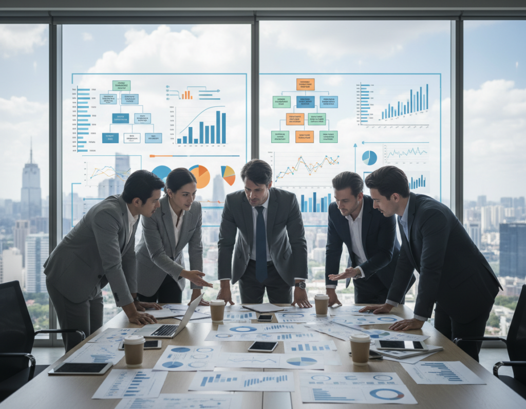 A modern office environment filled with analytical tools and strategic diagrams. In the foreground, a diverse group of professionals in business attire, deeply engaged in a collaborative discussion over a large table cluttered with charts, graphs, and digital devices. In the middle, a transparent screen displaying complex infographics and data visualizations, highlighting various decision-making frameworks. The background features large windows with a cityscape view, conveying a sense of urgency and high-stakes situations. Soft, natural lighting illuminates the scene, creating a focused and dynamic atmosphere that inspires strategic thinking and teamwork. The angle is slightly elevated to capture the collaborative nature of the analysis process. A modern office environment filled with analytical tools and strategic diagrams. In the foreground, a diverse group of professionals in business attire, deeply engaged in a collaborative discussion over a large table cluttered with charts, graphs, and digital devices. In the middle, a transparent screen displaying complex infographics and data visualizations, highlighting various decision-making frameworks. The background features large windows with a cityscape view, conveying a sense of urgency and high-stakes situations. Soft, natural lighting illuminates the scene, creating a focused and dynamic atmosphere that inspires strategic thinking and teamwork. The angle is slightly elevated to capture the collaborative nature of the analysis process.