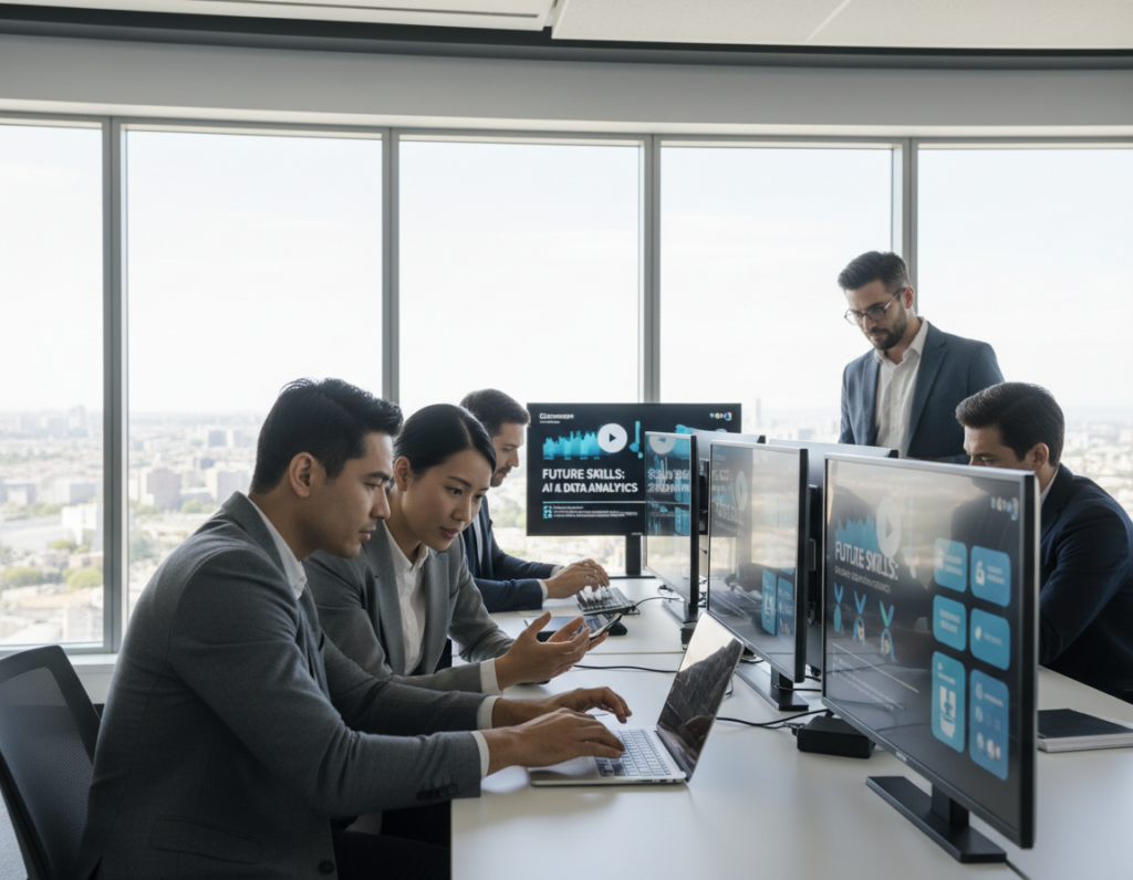 A modern office environment showcasing a diverse group of professionals engaged in precision reskilling activities. In the foreground, two individuals—one Asian woman and one Black man—are actively collaborating over an open laptop, analyzing skills matrices and digital learning platforms. The middle ground features a well-organized training area with content displayed on sleek digital screens, illustrating skill development modules. The background shows a glass wall with a cityscape view, infused with natural light, enhancing the atmosphere of optimism and growth. The mood is focused yet collaborative, highlighting professionalism and dedication. The professionals are dressed in smart casual attire, symbolizing an approachable yet serious approach to career transition. The image is well-lit, emphasizing clarity and engagement.