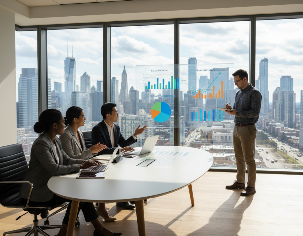 A modern office scene showcasing employee performance in a professional setting. In the foreground, a diverse group of three employees engaged in a collaborative meeting around a sleek conference table, all dressed in smart business attire. In the middle ground, a large screen displays colorful graphs and metrics illustrating performance indicators, while another employee takes notes. The background features glass walls, with a view of a bustling cityscape outside, suggesting a thriving business environment. Soft, natural lighting streams through the windows, casting gentle shadows, and creating an atmosphere of focus and productivity. The overall mood is one of teamwork, determination, and clarity in measuring performance fairly and consistently.