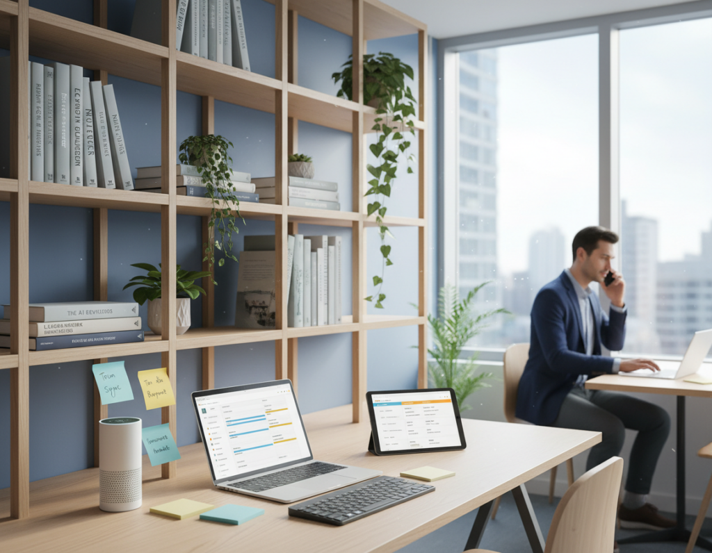 A modern workspace filled with an array of tools and resources designed to enhance employee productivity. In the foreground, a sleek desk with a high-performance laptop, ergonomic keyboard, and a tablet showcasing a project management app. Scattered around are colorful sticky notes and a digital assistant device. The middle ground features shelves stocked with books on AI, leadership, and productivity, along with potted plants that bring a touch of nature indoors. The background displays a large window with bright, natural light streaming in, creating an inviting atmosphere. A professional having a quiet conversation on the phone, dressed in business casual attire, embodies focus and efficiency. The overall mood is vibrant yet calm, emphasizing a balanced work environment that fosters high achievement.
