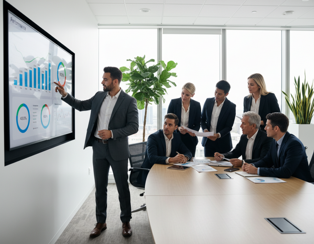 A professional business setting illustrating the concept of goals and accountability. In the foreground, a confident leader in a tailored suit discusses metrics while pointing to a digital screen displaying a dashboard with colorful graphs and key performance indicators. In the middle, a diverse team of professionals in business attire collaborates around a large conference table, reviewing documents and engaging in productive conversation. The background features a bright and modern office with floor-to-ceiling windows, letting in soft daylight, complemented by indoor plants for a refreshing atmosphere. The overall mood is focused and motivating, emphasizing teamwork, clarity of purpose, and proactive follow-through on set objectives. The image should be sharp, with a wide-angle perspective to capture the dynamic interchange between team members. A professional business setting illustrating the concept of goals and accountability. In the foreground, a confident leader in a tailored suit discusses metrics while pointing to a digital screen displaying a dashboard with colorful graphs and key performance indicators. In the middle, a diverse team of professionals in business attire collaborates around a large conference table, reviewing documents and engaging in productive conversation. The background features a bright and modern office with floor-to-ceiling windows, letting in soft daylight, complemented by indoor plants for a refreshing atmosphere. The overall mood is focused and motivating, emphasizing teamwork, clarity of purpose, and proactive follow-through on set objectives. The image should be sharp, with a wide-angle perspective to capture the dynamic interchange between team members.