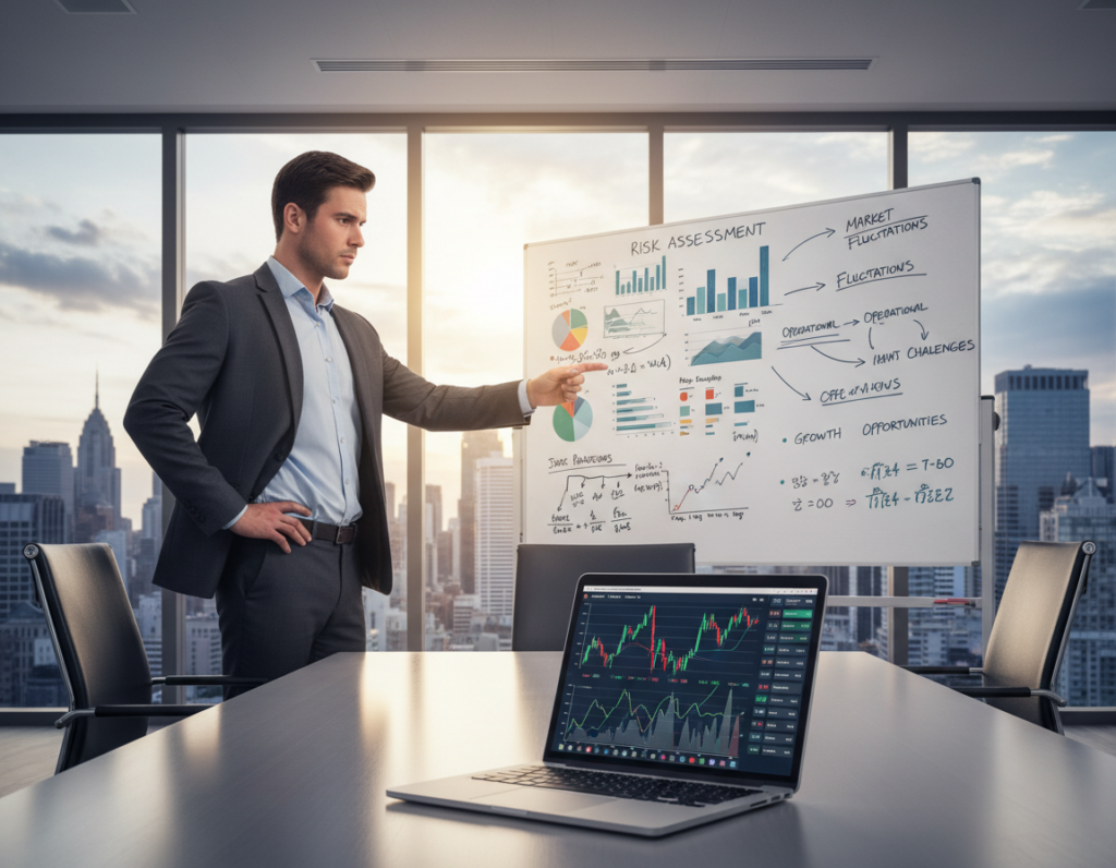 A professional figure in business attire, standing confidently at a large, modern conference table, analyzing a detailed risk assessment chart. The foreground features a laptop displaying financial graphs and analytics. The middle ground shows a whiteboard filled with strategic notes and data visualizations, emphasizing calculation and planning. In the background, a sleek, bright office workspace with a panoramic view of an urban skyline conveys ambition and opportunity. Soft, natural lighting filters through large windows, creating a motivational atmosphere. The angle is slightly elevated, focusing on the professional's thoughtful expression as they engage in decision-making, encapsulating the essence of assessing risk and controlling career direction in uncertain times.