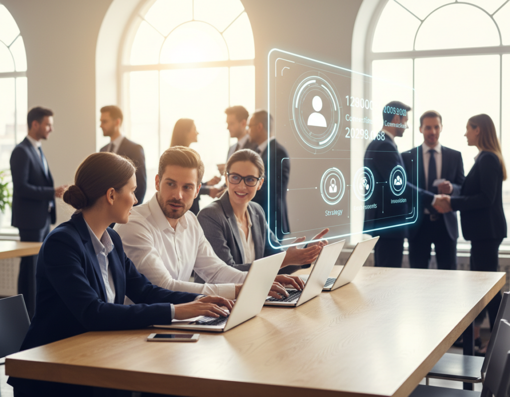 A professional networking scene that embodies LinkedIn optimization. In the foreground, a diverse group of three business professionals, a woman in a tailored navy blazer and a man in a crisp white shirt, sitting at a stylish modern café with laptops open, engaging in an animated discussion. In the middle ground, a large screen displays a LinkedIn profile interface with connections and endorsement features highlighted. The background is filled with blurred images of people networking, exchanging business cards, and having conversations, creating a bustling atmosphere. Warm, natural lighting from large windows enhances the inviting mood. The camera angle is slightly elevated, capturing the energy of a productive networking environment without any text or branding.