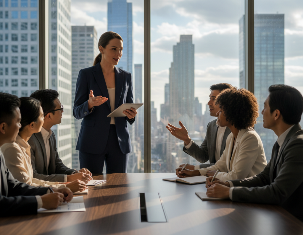 A professional setting where a diverse group of individuals gathers around a sleek, modern conference table. In the foreground, a confident woman in business attire, holding a tablet, passionately leads the discussion. Her expression conveys inspiration and authority. In the middle ground, attentive colleagues of various backgrounds engage with her ideas, one gesturing thoughtfully while another takes notes. The background features a large window showcasing a city skyline, emphasizing the ambitious atmosphere. Soft, natural light streams in, casting dynamic shadows that accentuate their focused expressions. The overall mood is one of collaboration and strategic insight, reflecting the essence of effective communication in a professional context. The scene captures the energy of forward-thinking dialogue and shared goals in a workplace environment.