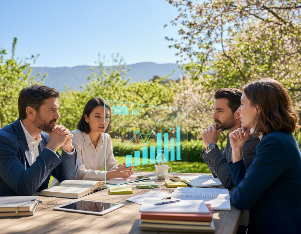 A serene outdoor workspace depicting the concept of progress in continuous learning. In the foreground, a diverse group of three professionals dressed in smart casual attire, focused on a large digital screen displaying growth charts and graphs. In the middle ground, scattered books and notepads symbolize knowledge accumulation and reflection. The background features lush greenery and a clear blue sky, promoting a sense of calm and inspiration. Soft, natural lighting highlights the subjects and adds warmth to the scene, creating an inviting atmosphere. The angle captures the vibrancy of collaboration and adaptability, with a gentle lens blur on the background to emphasize the professionals’ engagement in their growth journey. A serene outdoor workspace depicting the concept of progress in continuous learning. In the foreground, a diverse group of three professionals dressed in smart casual attire, focused on a large digital screen displaying growth charts and graphs. In the middle ground, scattered books and notepads symbolize knowledge accumulation and reflection. The background features lush greenery and a clear blue sky, promoting a sense of calm and inspiration. Soft, natural lighting highlights the subjects and adds warmth to the scene, creating an inviting atmosphere. The angle captures the vibrancy of collaboration and adaptability, with a gentle lens blur on the background to emphasize the professionals’ engagement in their growth journey.