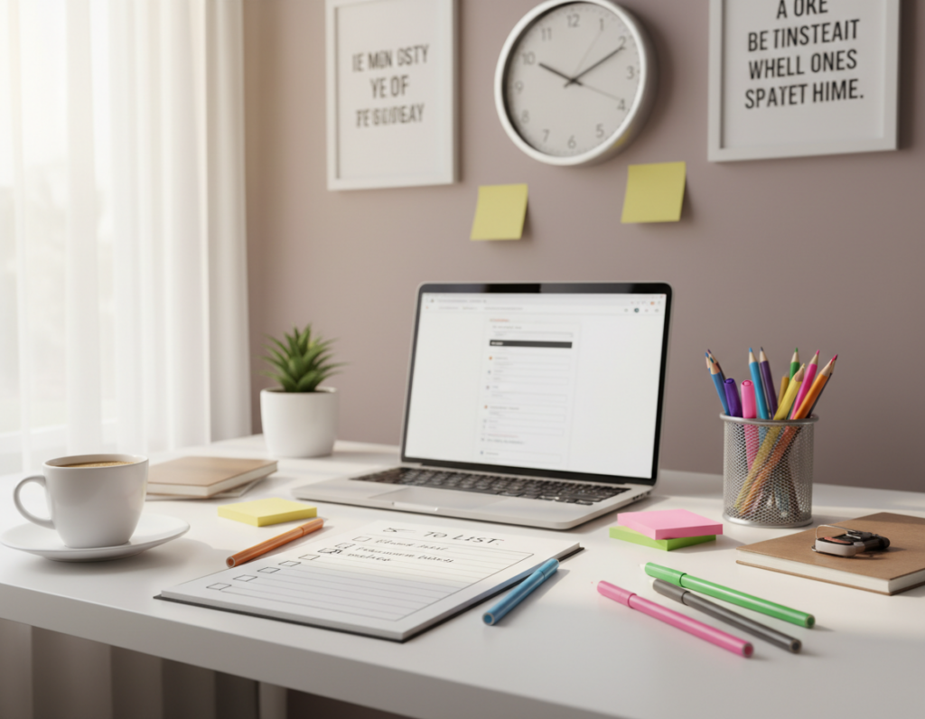 A vibrant and organized desk scene depicting neatly arranged to-do lists, sticky notes, and a planner, symbolizing effective time management. In the foreground, a close-up of a handwritten to-do list with checkboxes, colored pens, and a cup of coffee, conveying a productive atmosphere. The middle ground features a laptop open to a task management app, alongside a well-organized pencil holder filled with colorful pens. In the background, a wall clock ticks softly, surrounded by motivational quotes framed on a soft, pastel wall. The lighting is warm and inviting, with sunlight streaming in through a window, casting gentle shadows. The overall mood is focused and encouraging, emphasizing a routine that supports growth and productivity.