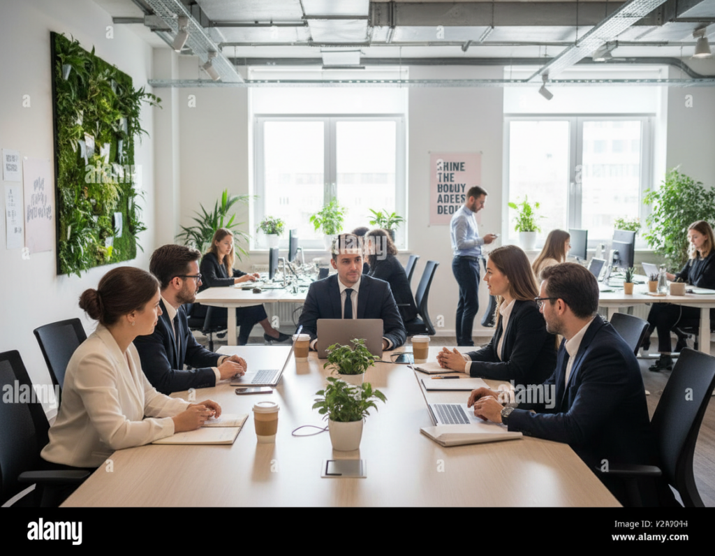 A vibrant, modern office environment reflecting a supportive work culture. In the foreground, a diverse group of professionals in smart business attire engages in collaborative discussions around a large table filled with open laptops, notepads, and coffee cups, showcasing teamwork and motivation. In the middle ground, large windows allow natural sunlight to pour in, illuminating a green indoor garden with plants that symbolize growth and sustainability. Employees are visible in the background, focused on their tasks, some at standing desks, others in small groups brainstorming ideas. The atmosphere is bright and inviting, with motivational artwork on the walls. The lighting is soft and warm, creating a sense of comfort and productivity, captured from a slightly elevated angle for a comprehensive view of the thriving workplace. A vibrant, modern office environment reflecting a supportive work culture. In the foreground, a diverse group of professionals in smart business attire engages in collaborative discussions around a large table filled with open laptops, notepads, and coffee cups, showcasing teamwork and motivation. In the middle ground, large windows allow natural sunlight to pour in, illuminating a green indoor garden with plants that symbolize growth and sustainability. Employees are visible in the background, focused on their tasks, some at standing desks, others in small groups brainstorming ideas. The atmosphere is bright and inviting, with motivational artwork on the walls. The lighting is soft and warm, creating a sense of comfort and productivity, captured from a slightly elevated angle for a comprehensive view of the thriving workplace.