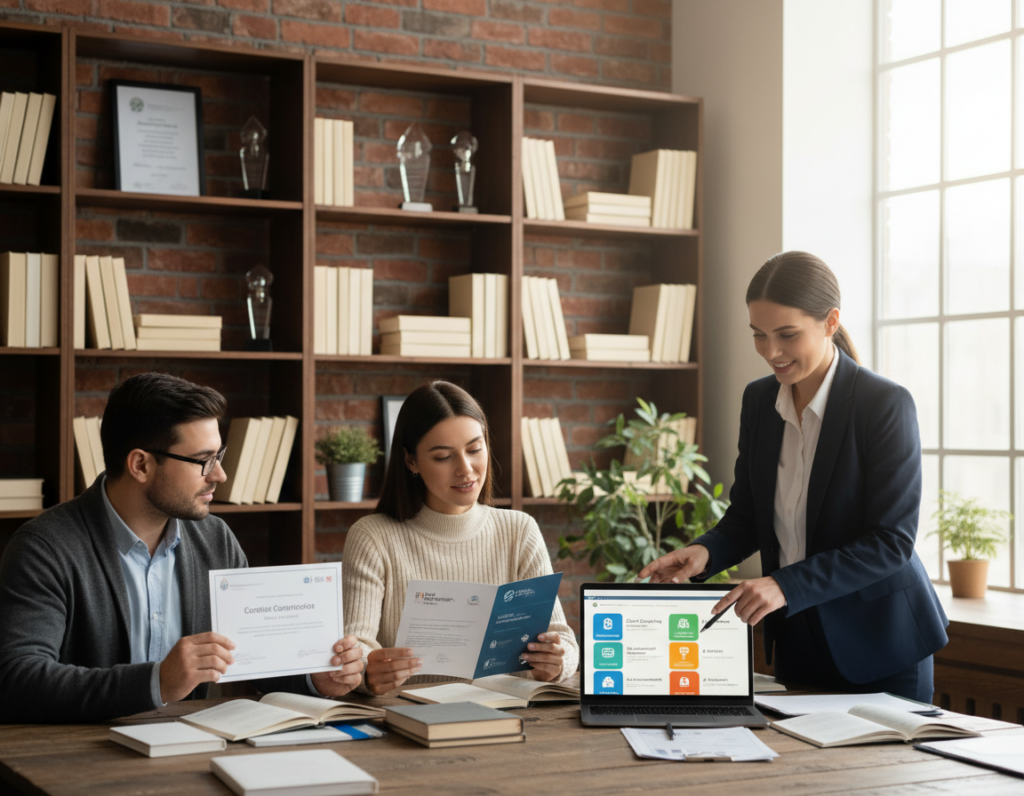 A well-organized workspace featuring a diverse group of professionals engaged in a discussion about continuing education and certifications. In the foreground, a confident woman in business attire is pointing at a laptop screen displaying a colorful online course platform. In the middle, a man and woman, both dressed in smart casual wear, review printed materials and certifications on the table, showcasing various programs. The background includes shelves filled with books and awards, with a large window allowing natural light to fill the room, creating an inviting atmosphere. Soft sunlight highlights the engaged expressions of the professionals, conveying a sense of motivation and collaboration. The composition should capture a modern, professional training environment, emphasizing growth and learning.