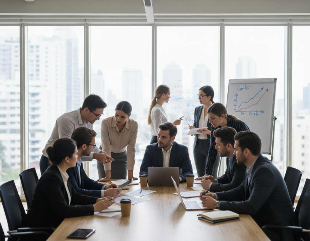 A bustling office environment showcasing the concept of "consistent execution." In the foreground, a diverse group of professionals in business attire are engaged in focused discussions around a large conference table, with laptops open and notes scattered. In the middle ground, a glass wall reveals a team collaborating on a whiteboard filled with charts and graphs illustrating progress and goals. The background features tall windows letting in soft, natural light, creating a bright and inviting atmosphere. The mood is one of determination and synergy, emphasizing teamwork and productivity. The camera angle is slightly elevated, providing a dynamic view of the collaborative scene, with attention to detail on expressions of concentration and engagement.