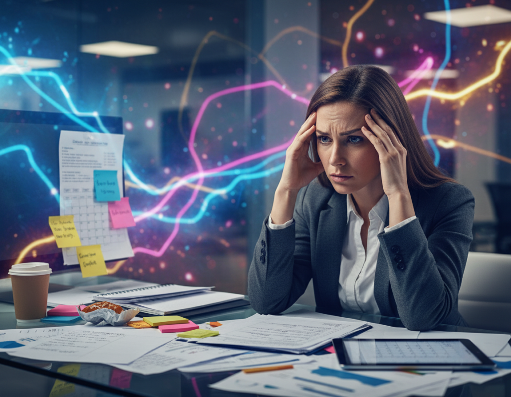 A close-up view of a stressed professional in a modern office environment, surrounded by scattered papers and a glowing computer screen, capturing the essence of cognitive overload. The individual, dressed in smart business attire, has a furrowed brow and a distant gaze, highlighting their struggle to focus. In the middle ground, blurred images of overflowing to-do lists and sticky notes convey a chaotic workspace. The background features an abstract representation of swirling thoughts and fragmented ideas, depicted as soft, colorful lights merging into a foggy haze. The lighting is soft yet contrasting, creating a sense of urgency and overwhelm. The overall atmosphere conveys a mix of tension and the pressing need for clarity, echoing the theme of recognizing cognitive overload.