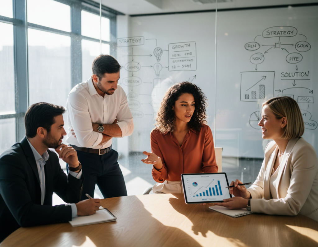 A diverse group of four professionals engaged in a lively discussion, showcasing effective team communication skills. In the foreground, a thoughtful woman in smart casual attire gestures towards a digital tablet displaying charts, while two men, one in a suit and the other in a smart shirt, actively listen, nodding and taking notes. The middle of the scene features a modern office environment with a glass wall behind them, letting in soft, natural light that creates an inviting atmosphere. In the background, a whiteboard filled with diagrams and ideas captures the essence of collaborative problem-solving. The lens captures the group from a slightly elevated angle, highlighting their engagement and teamwork. The overall mood is dynamic and focused, illustrating how productive communication drives results in a professional setting.