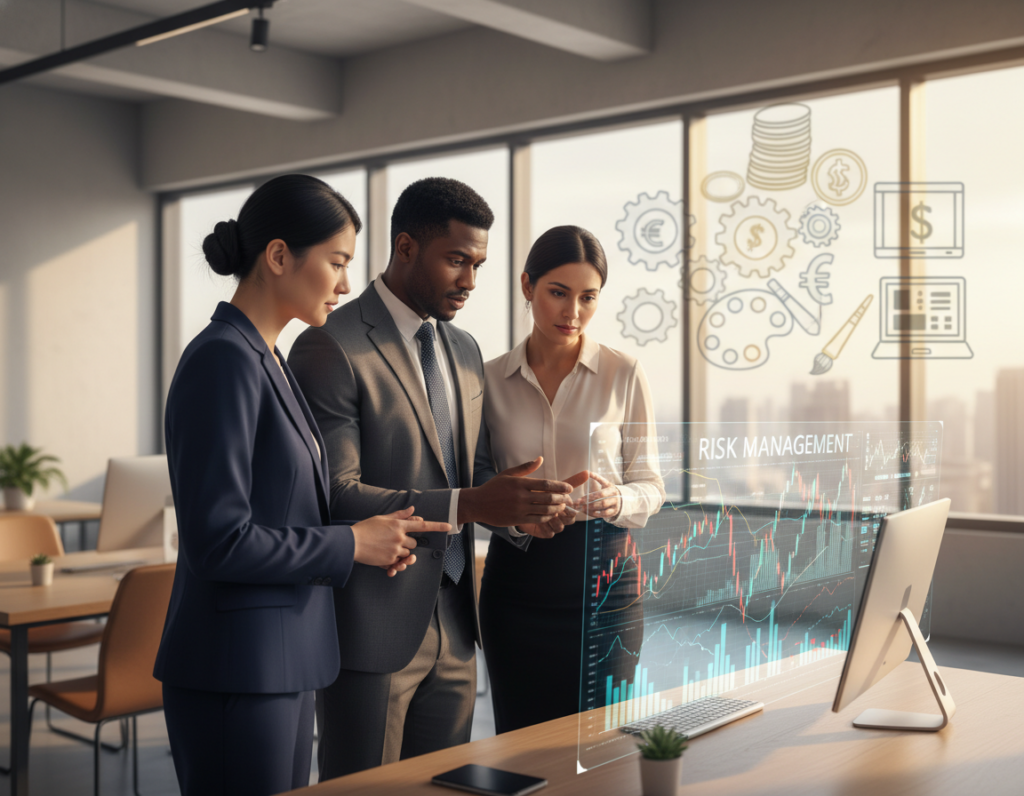 A dynamic and engaging visual representing "risk management" in the context of professional transitions. In the foreground, a diverse group of three individuals in business attire—one woman of Asian descent, one Black man, and one Hispanic woman—strategically discussing in front of a digital display showing fluctuating market trends and graphs. In the middle, a sleek, modern office with large windows letting in warm, natural light, creating a bright and optimistic atmosphere. The background features blurred outlines of different industry symbols, such as tech gears, financial currencies, and creative design tools, emphasizing varied industry specializations. The overall mood conveys professionalism, collaboration, and strategic thinking, captured from a slightly elevated angle to show the interaction among team members and the vibrant workspace.