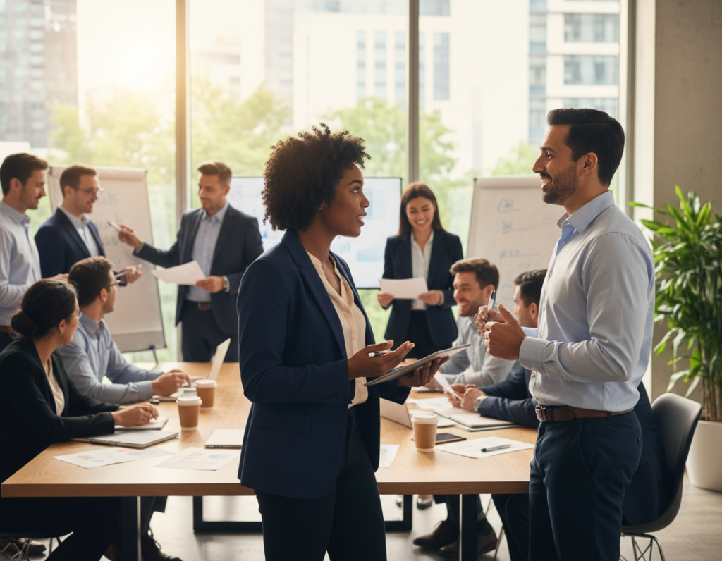 A dynamic office environment showcasing strategic visibility and collaboration. In the foreground, two diverse professionals, a Black female and a Hispanic male, are engaged in a spirited discussion, both in smart business attire—she wears a tailored blazer and he a neat button-up shirt. In the middle ground, groups of employees are seen collaborating around a large conference table, sharing ideas vividly. The background features a large window allowing natural light to fill the space, illuminating a modern office with greenery visible outside. The atmosphere is one of synergy and productivity, with soft lighting creating a warm, inviting mood. The angle captures the energy of teamwork, focusing on the importance of fostering relationships in a contemporary workplace setting. A dynamic office environment showcasing strategic visibility and collaboration. In the foreground, two diverse professionals, a Black female and a Hispanic male, are engaged in a spirited discussion, both in smart business attire—she wears a tailored blazer and he a neat button-up shirt. In the middle ground, groups of employees are seen collaborating around a large conference table, sharing ideas vividly. The background features a large window allowing natural light to fill the space, illuminating a modern office with greenery visible outside. The atmosphere is one of synergy and productivity, with soft lighting creating a warm, inviting mood. The angle captures the energy of teamwork, focusing on the importance of fostering relationships in a contemporary workplace setting.