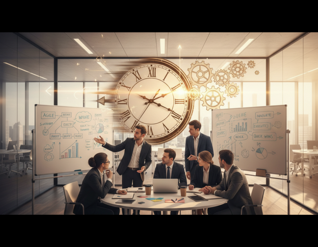 A dynamic scene illustrating "decision velocity" in a corporate environment. In the foreground, a diverse group of professionals dressed in smart business attire, deeply engaged in a collaborative brainstorming session, surrounded by whiteboards filled with colorful charts and diagrams. The middle ground showcases a large clock symbolizing the urgency of decision-making, while visual metaphors like arrows and gears represent speed and momentum. In the background, a modern office with glass walls infused with soft, natural light creates an inviting atmosphere. Use a wide-angle lens to capture the depth of collaboration and urgency, with a warm color palette to evoke a sense of focused energy and determination. A dynamic scene illustrating "decision velocity" in a corporate environment. In the foreground, a diverse group of professionals dressed in smart business attire, deeply engaged in a collaborative brainstorming session, surrounded by whiteboards filled with colorful charts and diagrams. The middle ground showcases a large clock symbolizing the urgency of decision-making, while visual metaphors like arrows and gears represent speed and momentum. In the background, a modern office with glass walls infused with soft, natural light creates an inviting atmosphere. Use a wide-angle lens to capture the depth of collaboration and urgency, with a warm color palette to evoke a sense of focused energy and determination.