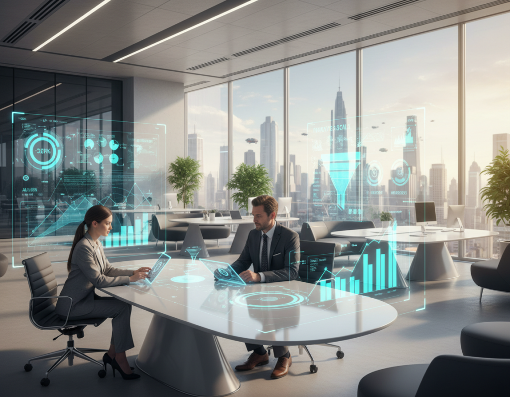 A futuristic office environment showcasing the concept of "technology for growth". In the foreground, a diverse group of three professionals (a woman in smart business attire, a man in a tailored suit, and another person in smart casual clothes) collaboratively working on digital devices, surrounded by holographic displays of data analytics and growth charts. In the middle ground, sleek, modern furniture and large screens projecting tech-driven marketing strategies. The background features large glass windows revealing a city skyline, emphasizing a vibrant urban atmosphere. The lighting is bright and inspiring, flooding the space with natural light, highlighting innovation and collaboration. The overall mood is dynamic and optimistic, capturing the essence of leveraging technology for scalable growth. A futuristic office environment showcasing the concept of "technology for growth". In the foreground, a diverse group of three professionals (a woman in smart business attire, a man in a tailored suit, and another person in smart casual clothes) collaboratively working on digital devices, surrounded by holographic displays of data analytics and growth charts. In the middle ground, sleek, modern furniture and large screens projecting tech-driven marketing strategies. The background features large glass windows revealing a city skyline, emphasizing a vibrant urban atmosphere. The lighting is bright and inspiring, flooding the space with natural light, highlighting innovation and collaboration. The overall mood is dynamic and optimistic, capturing the essence of leveraging technology for scalable growth.