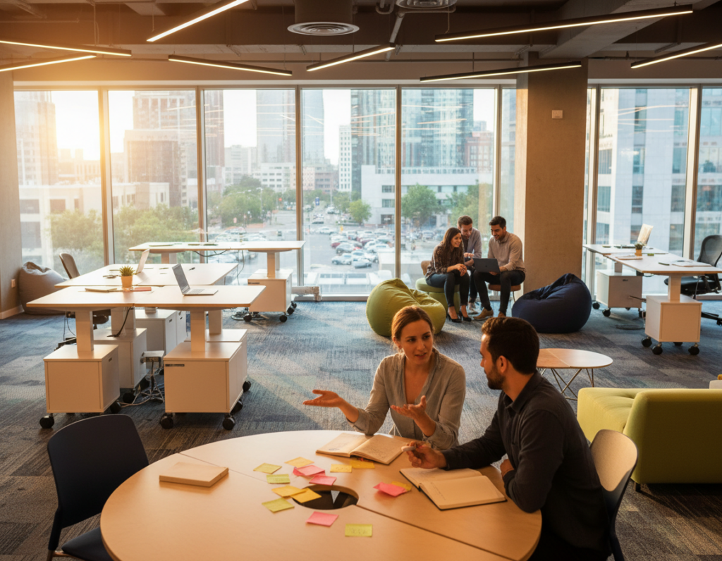 A modern, agile workplace setting filled with a diverse group of professionals engaged in collaborative activities. In the foreground, two individuals in smart casual attire brainstorm around a flexible, round table, with colorful post-it notes scattered across it. The middle ground features a bright, open workspace with movable desks and relaxing lounge areas, where a small team discusses ideas over a laptop. The background reveals large windows with natural light streaming in, framing a vibrant urban landscape. The atmosphere conveys innovation and adaptability, with warm lighting that creates an inviting and energetic mood. Capture this scene from a slightly elevated angle to emphasize the spaciousness and dynamic interaction among the team members. A modern, agile workplace setting filled with a diverse group of professionals engaged in collaborative activities. In the foreground, two individuals in smart casual attire brainstorm around a flexible, round table, with colorful post-it notes scattered across it. The middle ground features a bright, open workspace with movable desks and relaxing lounge areas, where a small team discusses ideas over a laptop. The background reveals large windows with natural light streaming in, framing a vibrant urban landscape. The atmosphere conveys innovation and adaptability, with warm lighting that creates an inviting and energetic mood. Capture this scene from a slightly elevated angle to emphasize the spaciousness and dynamic interaction among the team members.