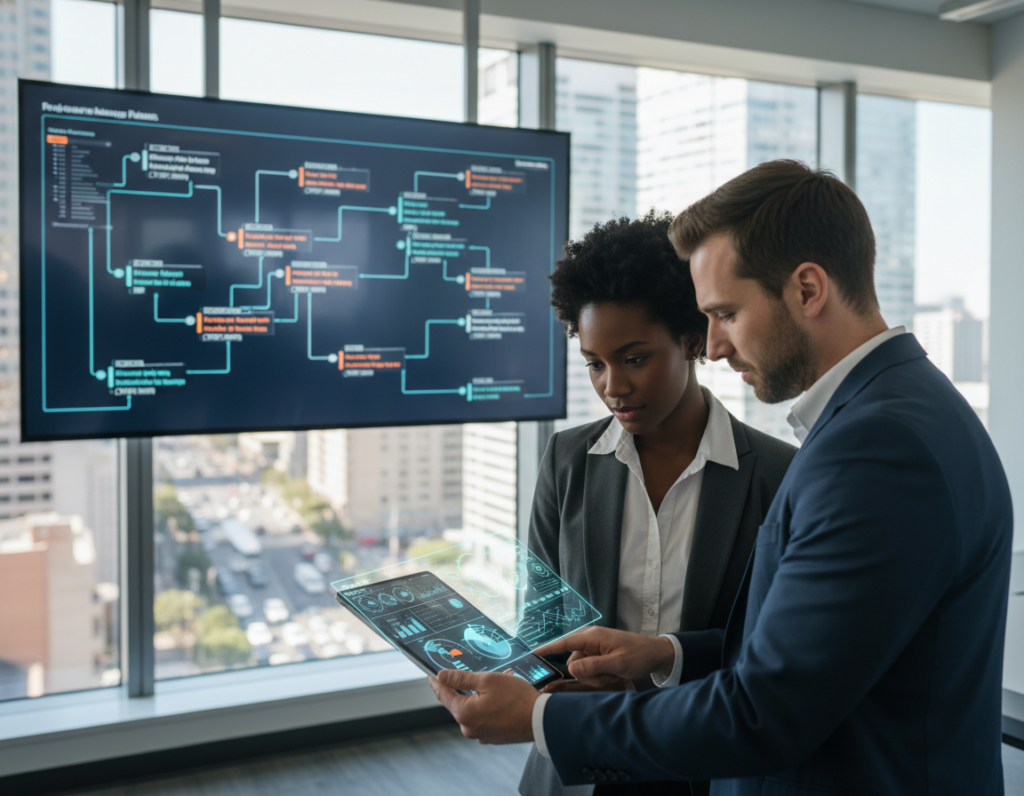 A modern office environment depicting a diverse team engaged in process management. In the foreground, two professionals in business attire—one Caucasian and one Black—are collaborating over a digital tablet showing workflow charts and data analytics, symbolizing transparency in processes. The middle ground features a large screen displaying a dynamic flowchart with interconnected nodes and arrows, highlighting various stages of a project. In the background, bright lighting accentuates glass windows showing a bustling cityscape, fostering an atmosphere of productivity and accountability. The scene conveys optimism and efficiency, utilizing soft natural light to enhance focus and clarity in the workspace, captured from a slightly elevated angle to provide depth.