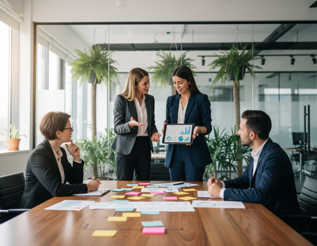 A modern office environment depicting a group of diverse professionals engaged in a collaborative brainstorming session. In the foreground, a variety of colorful sticky notes and diagrams are spread across a large table, symbolizing experimental ideas and concepts. The middle ground features two women and a man, all dressed in smart business attire, animatedly discussing their ideas while pointing at a digital tablet displaying metrics and graphs. In the background, glass walls show a bright, open office space with plants, hinting at a comfortable yet focused atmosphere. Soft, natural lighting floods the room through large windows, creating a warm and inviting mood. The overall tone is one of innovation, teamwork, and thoughtful exploration of safe-to-fail strategies.