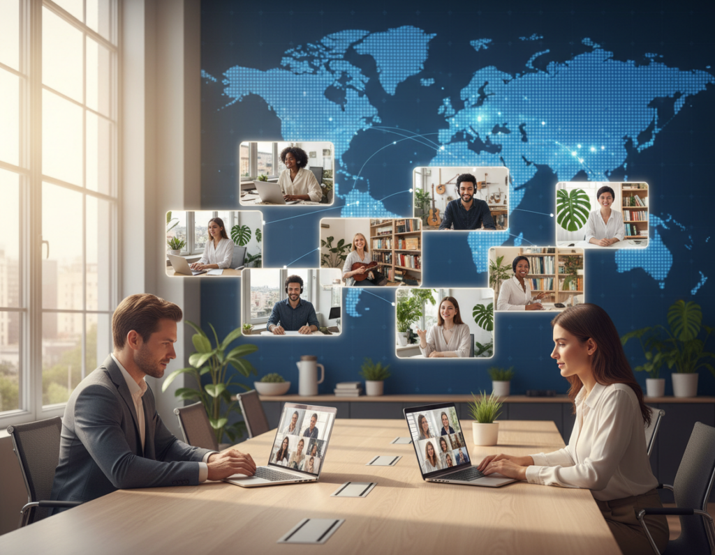A modern office environment showcasing a distributed workforce. In the foreground, two professionals in smart casual attire are engaged in a video conference, their laptops open, with images of colleagues in different locations visible on the screen. The middle ground features diverse team members working from their homes, with elements like bookshelves or plants in their backgrounds, highlighting individual workspaces. The background shows a digital world map, dotted with locations, illustrating global connectivity. Soft, natural lighting comes from nearby windows, giving a warm and inviting feel. Capture a professional atmosphere with a sense of collaboration and innovation, emphasizing teamwork across distances.