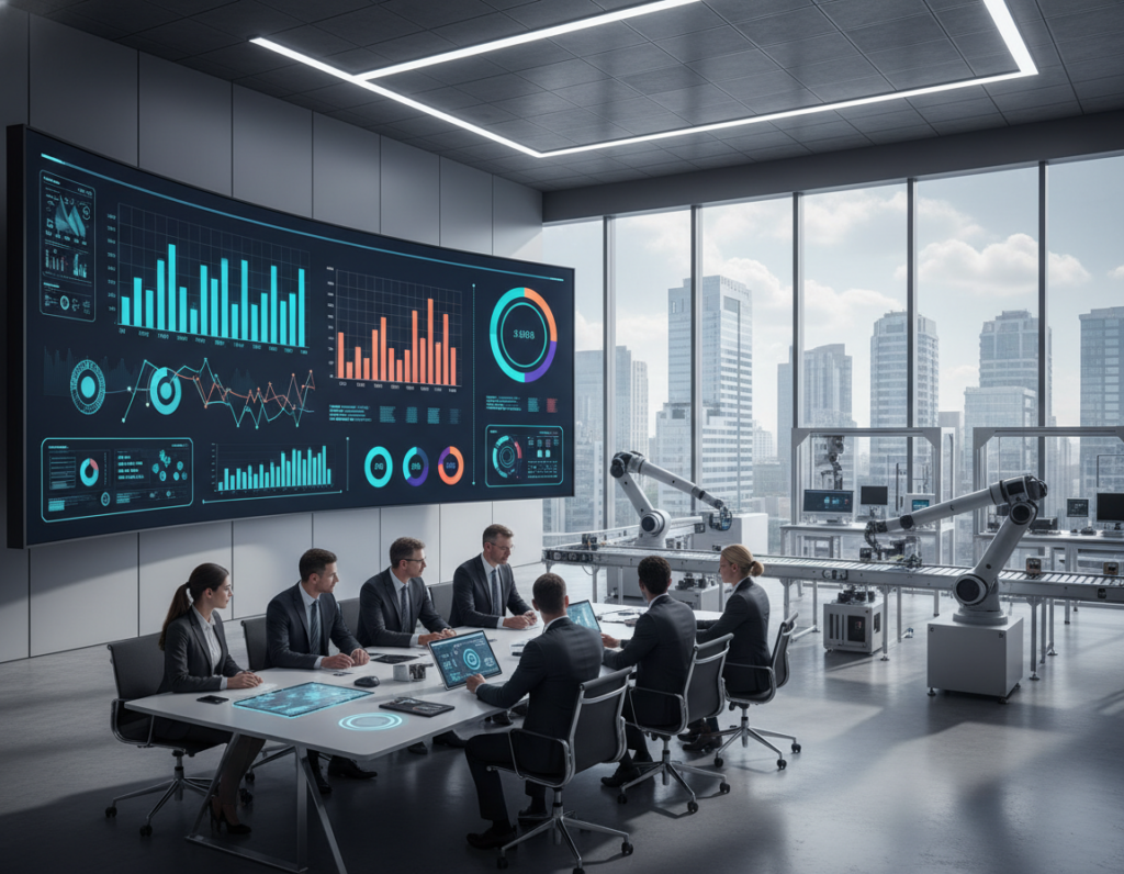 A modern office space showcasing a high-tech environment dedicated to process optimization. In the foreground, a diverse group of professionals in business attire gathers around a sleek table with digital devices, analyzing colorful graphs and data dashboards projected on a large screen. The middle ground features advanced machinery and automated systems seamlessly integrated with the workspace, emphasizing efficiency. In the background, large windows allow natural light to flood in, highlighting a cityscape. The atmosphere is collaborative and innovative, embodying a sense of urgency and growth, with clean lines and a futuristic design. The lighting is bright and focused, casting sharp shadows to create depth, photographed from an eye-level angle to engage the viewer directly. A modern office space showcasing a high-tech environment dedicated to process optimization. In the foreground, a diverse group of professionals in business attire gathers around a sleek table with digital devices, analyzing colorful graphs and data dashboards projected on a large screen. The middle ground features advanced machinery and automated systems seamlessly integrated with the workspace, emphasizing efficiency. In the background, large windows allow natural light to flood in, highlighting a cityscape. The atmosphere is collaborative and innovative, embodying a sense of urgency and growth, with clean lines and a futuristic design. The lighting is bright and focused, casting sharp shadows to create depth, photographed from an eye-level angle to engage the viewer directly.