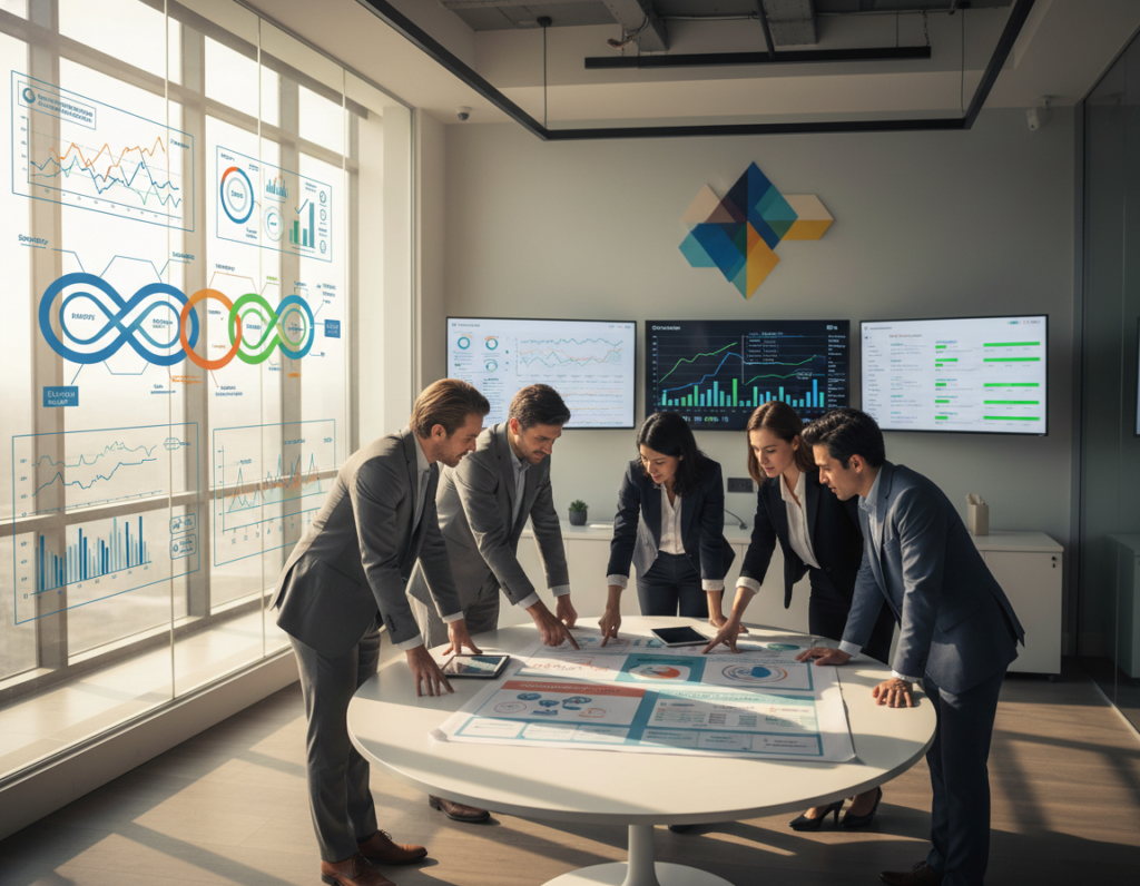 A modern office workspace designed for collaboration, featuring a large glass wall displaying interconnected charts and graphs symbolizing operational clarity. In the foreground, diverse professionals in business attire are engaged in discussion, analyzing a large, colorful Operational Clarity Canvas laid out on a table. In the middle ground, sleek devices and digital screens show real-time data and project timelines. The background includes abstract art that represents teamwork and synergy. Soft natural lighting pours through large windows, casting a warm glow and creating a dynamic atmosphere of focus and productivity. The angle is slightly elevated, giving a clear view of the entire scene while maintaining an inviting and motivational ambiance.