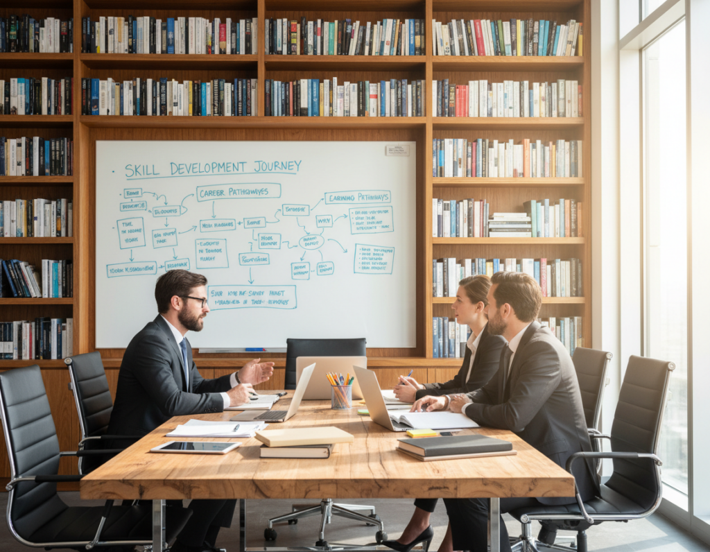 A modern workspace focused on education and skill development. In the foreground, a diverse group of three professionals—two men and one woman—are engaged in a collaborative discussion around a large table cluttered with notebooks, laptops, and educational resources, all wearing business attire. In the middle ground, a whiteboard filled with diagrams and charts outlines skill development pathways and career goals. The background features a wall lined with bookshelves filled with books on personal development, technology, and management. Natural light streams in through large windows, creating a bright and inspiring atmosphere. The lens captures the scene from a slightly elevated angle, emphasizing teamwork and growth, instilling a sense of motivation and forward-thinking in career advancement. A modern workspace focused on education and skill development. In the foreground, a diverse group of three professionals—two men and one woman—are engaged in a collaborative discussion around a large table cluttered with notebooks, laptops, and educational resources, all wearing business attire. In the middle ground, a whiteboard filled with diagrams and charts outlines skill development pathways and career goals. The background features a wall lined with bookshelves filled with books on personal development, technology, and management. Natural light streams in through large windows, creating a bright and inspiring atmosphere. The lens captures the scene from a slightly elevated angle, emphasizing teamwork and growth, instilling a sense of motivation and forward-thinking in career advancement.