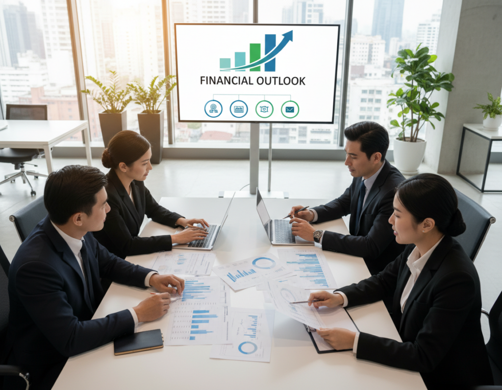 A professional business setting depicting a team assessing firm financial health through operating leverage. In the foreground, a diverse group of four business professionals, dressed in sharp business attire, engage in a discussion around a table strewn with documents, charts, and financial spreadsheets highlighting graphs of operating leverage. The middle ground features a large digital screen displaying an upward trending graph symbolizing growth, surrounded by icons representing financial metrics. In the background, a modern office space with large windows letting in soft, natural light creates a bright and motivating atmosphere. The camera angle is slightly elevated, capturing the scene's dynamic collaborative energy and focus on analysis. The overall mood is one of optimism and strategic planning, emphasizing the importance of evaluating financial health in a growing company. A professional business setting depicting a team assessing firm financial health through operating leverage. In the foreground, a diverse group of four business professionals, dressed in sharp business attire, engage in a discussion around a table strewn with documents, charts, and financial spreadsheets highlighting graphs of operating leverage. The middle ground features a large digital screen displaying an upward trending graph symbolizing growth, surrounded by icons representing financial metrics. In the background, a modern office space with large windows letting in soft, natural light creates a bright and motivating atmosphere. The camera angle is slightly elevated, capturing the scene's dynamic collaborative energy and focus on analysis. The overall mood is one of optimism and strategic planning, emphasizing the importance of evaluating financial health in a growing company.