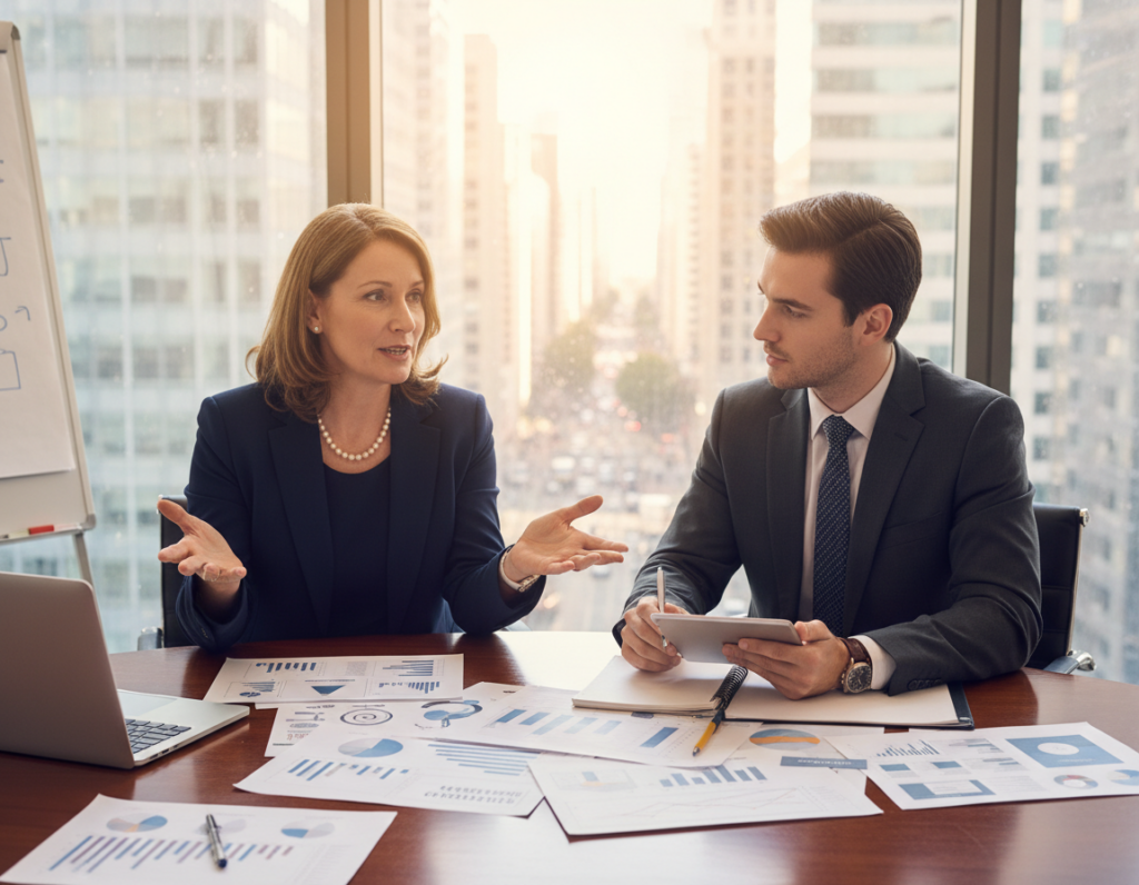 A professional office setting depicting a generalist strategist and a specialist strategist engaged in a discussion. In the foreground, a middle-aged woman in a tailored blazer represents the generalist, using hands to emphasize her broad perspective; beside her, a younger man in a smart suit exemplifies the specialist, with notepads and charts illustrating his focused expertise. The middle ground features a modern conference table stacked with documents and a laptop, showcasing brainstorming materials. In the background, large windows let in natural light, casting a warm glow across the room and hinting at a busy cityscape beyond. The mood is collaborative and forward-thinking, capturing the essence of professional positioning strategies for long-term success. The image is shot with a 50mm lens at eye level, emphasizing the dynamic interaction between both figures. A professional office setting depicting a generalist strategist and a specialist strategist engaged in a discussion. In the foreground, a middle-aged woman in a tailored blazer represents the generalist, using hands to emphasize her broad perspective; beside her, a younger man in a smart suit exemplifies the specialist, with notepads and charts illustrating his focused expertise. The middle ground features a modern conference table stacked with documents and a laptop, showcasing brainstorming materials. In the background, large windows let in natural light, casting a warm glow across the room and hinting at a busy cityscape beyond. The mood is collaborative and forward-thinking, capturing the essence of professional positioning strategies for long-term success. The image is shot with a 50mm lens at eye level, emphasizing the dynamic interaction between both figures.