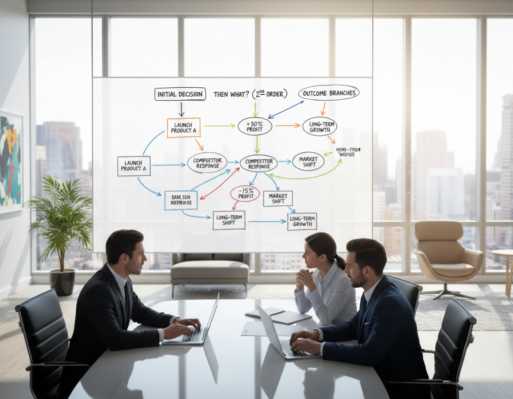 A split-scene illustration representing "Mastering the And Then What Drill." In the foreground, a diverse group of three professionals—two men and one woman—are seated at a modern conference table, engaged in a brainstorming session. They are dressed in smart business attire, displaying focused expressions as they discuss strategic options. In the middle ground, a large whiteboard is filled with colorful diagrams and arrows illustrating various decision pathways and their potential outcomes, showcasing the concept of second-order thinking. In the background, a sleek office environment with large windows allows soft, natural light to filter in, creating a collaborative and optimistic atmosphere. The scene captures a sense of purpose and foresight, emphasizing the importance of thorough planning and strategy. Use a slight overhead angle to capture both the team and the whiteboard effectively.